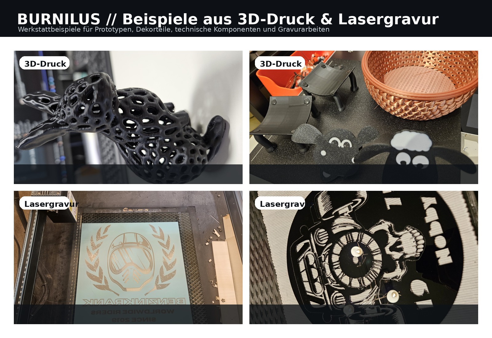 BURNILUS Beispiele für 3D-Druck und Lasergravur